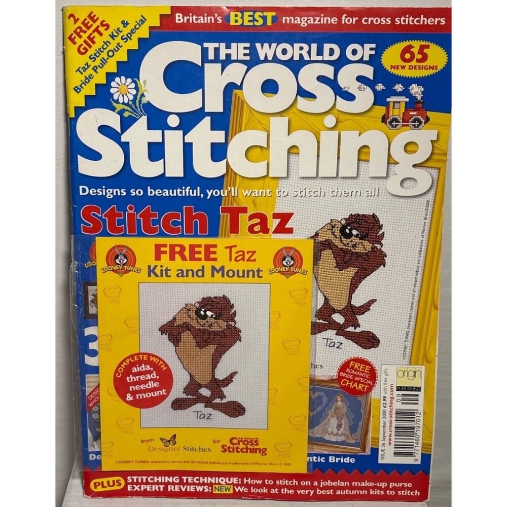 The World Of Cross Stitching Magazine Issue 36 September 2000 W\ Taz Kit & Mount